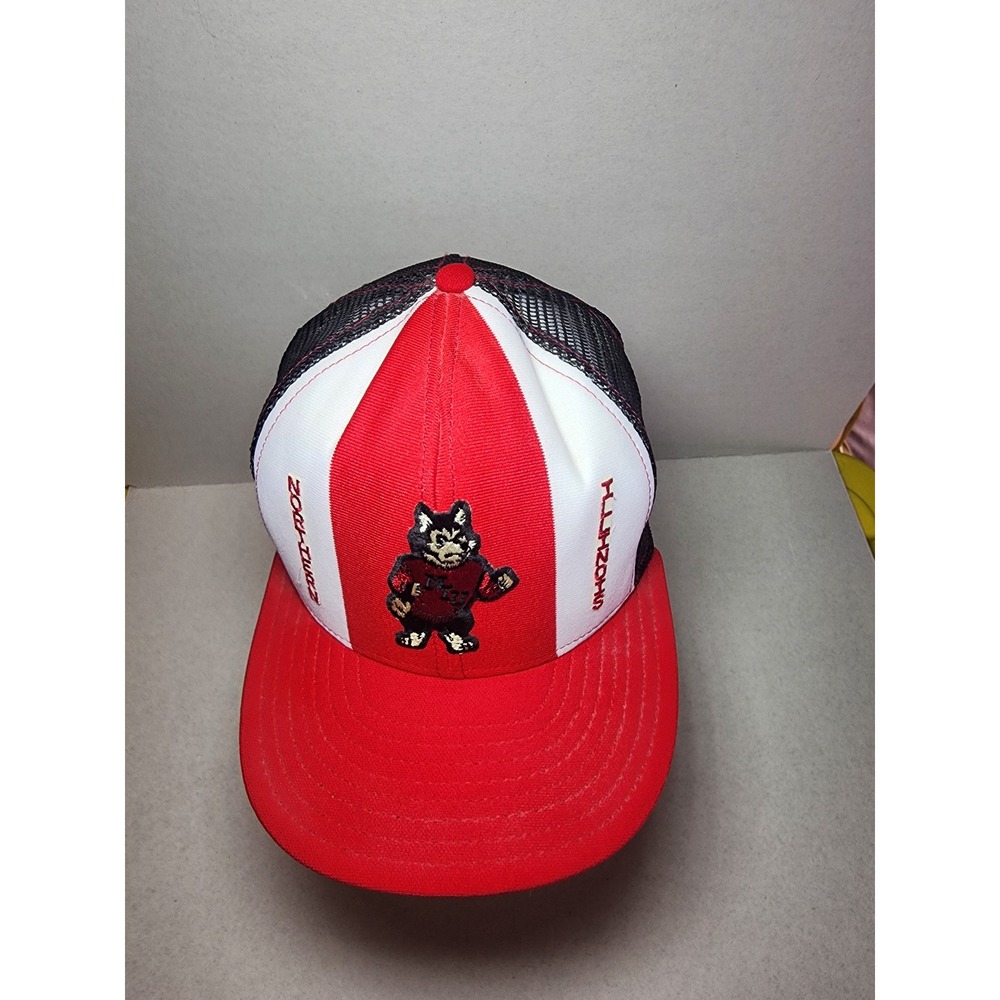 Vintage 70s Northern Illinois Huskies Trucker Hat AJD Lucky Stripe Red White NIU